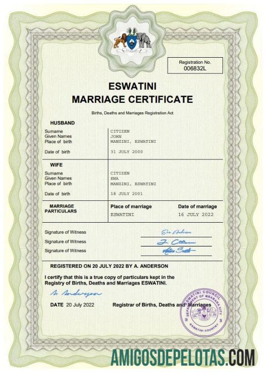 Imprimível modelo Word e PDF de certidão de casamento de Eswatini